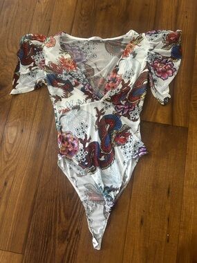 White Floral & Dragon Print One-Piece Swimwear